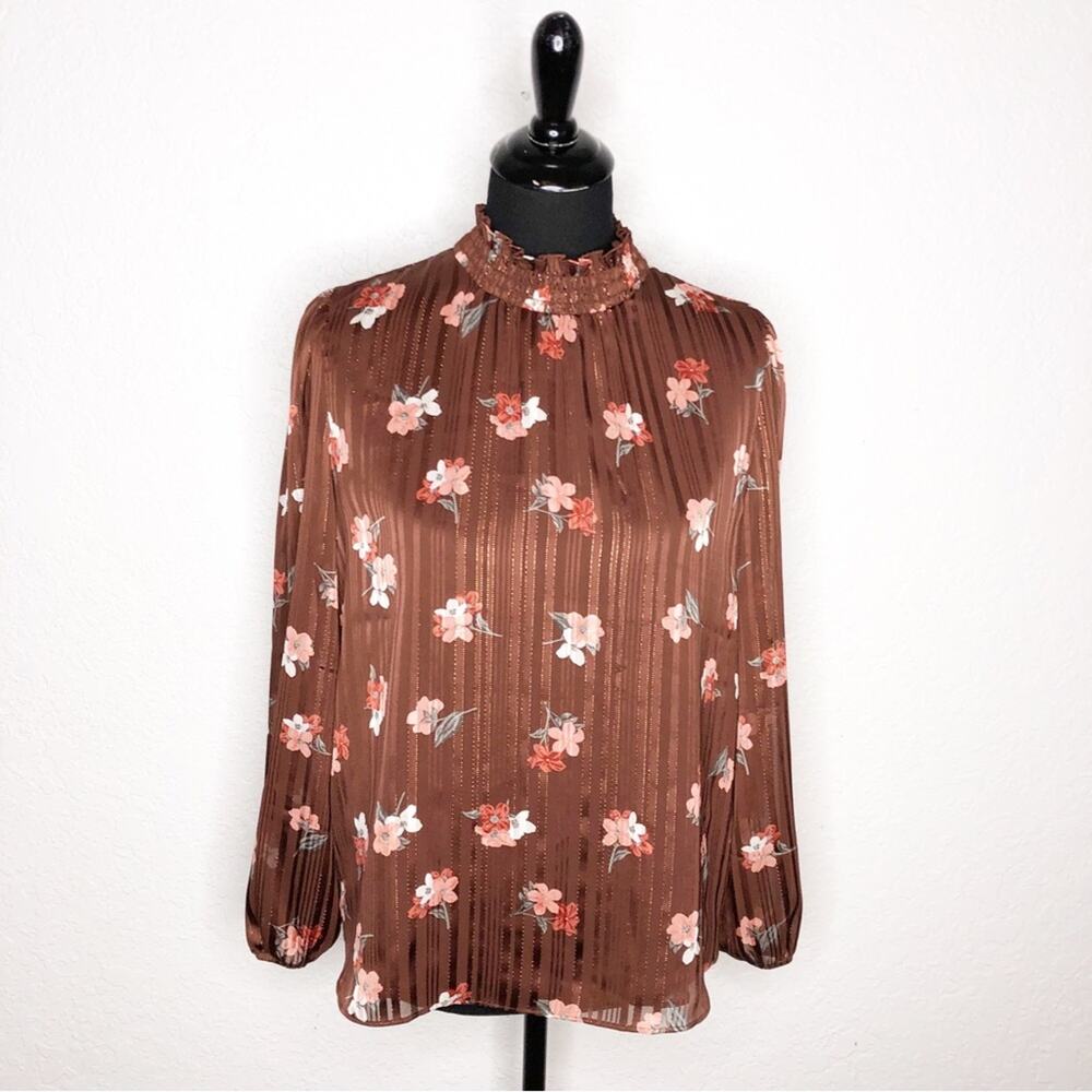 Ann Taylor brown orange floral metallic long sleeve top size Small Petite SP